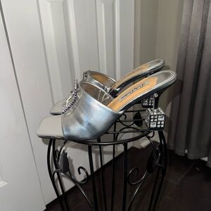 Glamorous Silver Heels with Embellished Block Design